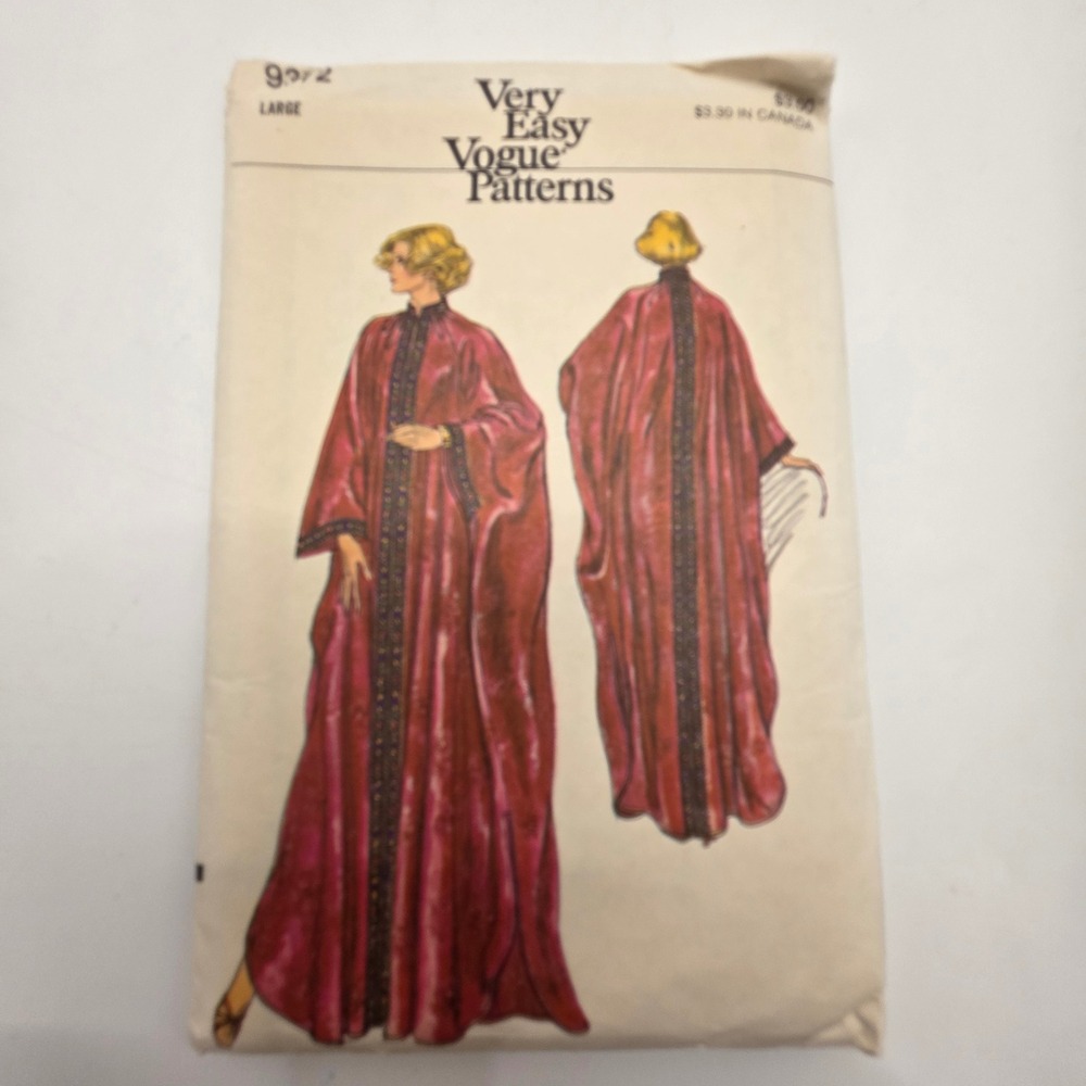 Vogue 9372 Caftan Sewing Pattern Large Mandarin Collar Boho Maxi Robe Vintage